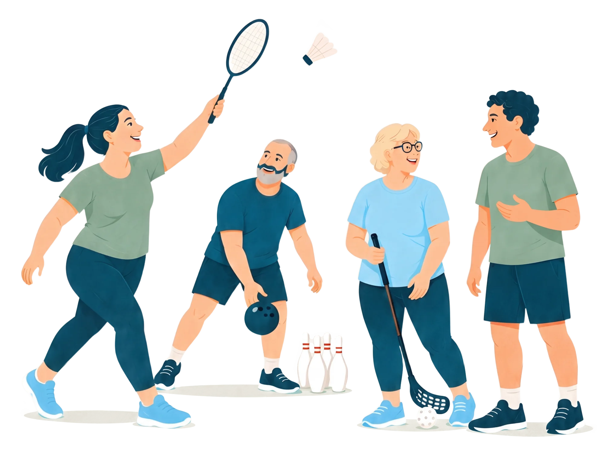 Tegning af fire voksne i forskellige aldre, der spiller badminton, bowling og floorball og snakker sammen